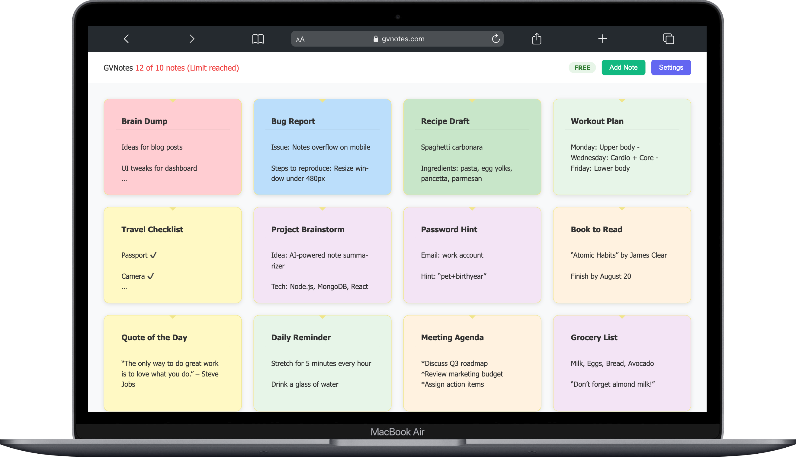GVNotes Dashboard - Beautiful sticky notes interface